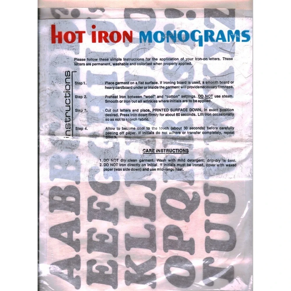 Vintage Hot Iron Monograms DIY Personalized T-Shirt Transfer Kit Block Letters
